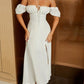 Puff Sleeve Tie Front Off Shoulder Slit Thigh Dress in white