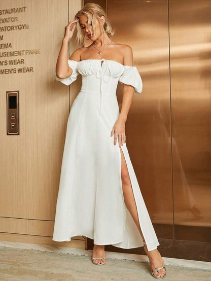 Puff Sleeve Tie Front Off Shoulder Slit Thigh Dress in white