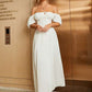 Puff Sleeve Tie Front Off Shoulder Slit Thigh Dress in white