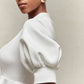 Puff sleeve peplum hem gold button top in white