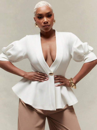 Puff sleeve peplum hem gold button top in white