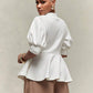 Puff sleeve peplum hem gold button top in white