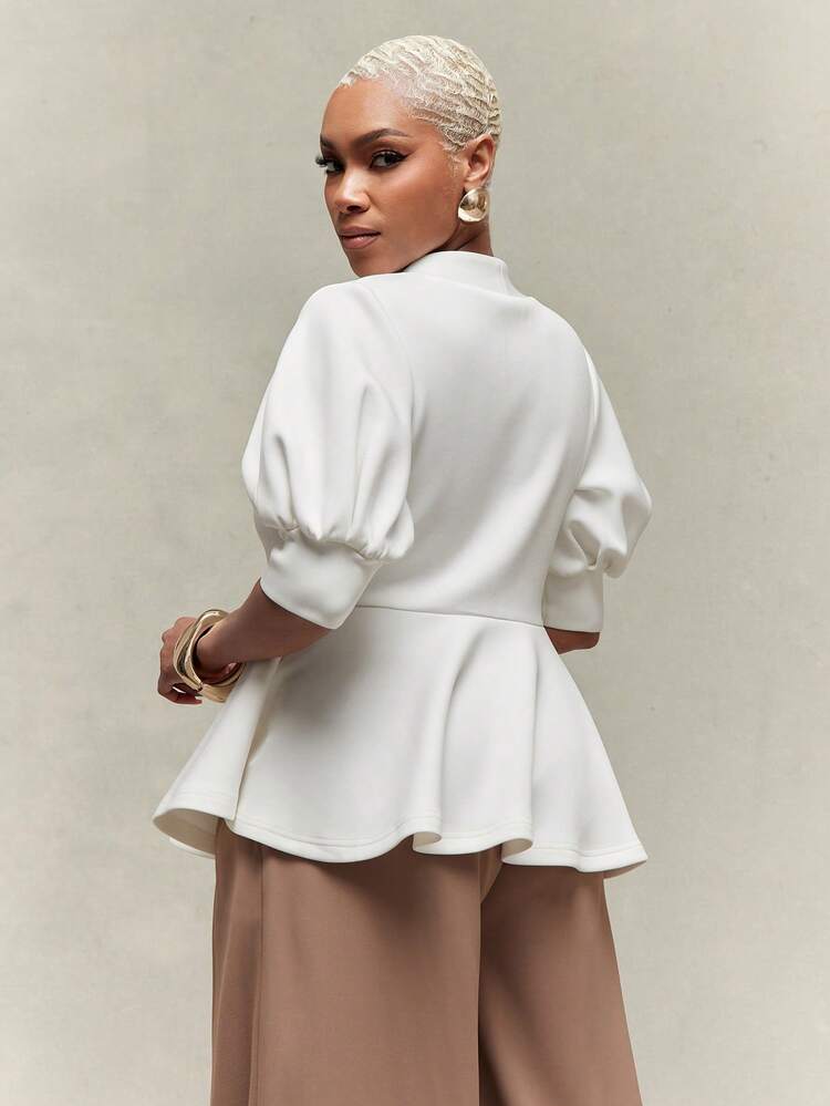 Puff sleeve peplum hem gold button top in white