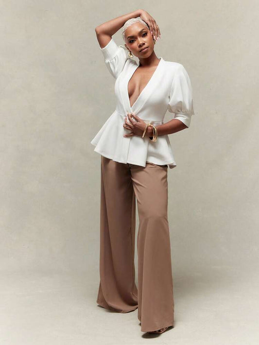 Puff sleeve peplum hem gold button top in white