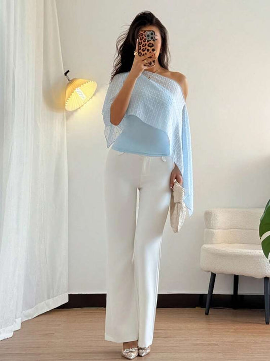 Raglan sleeve asymmetric collar blouse in blue