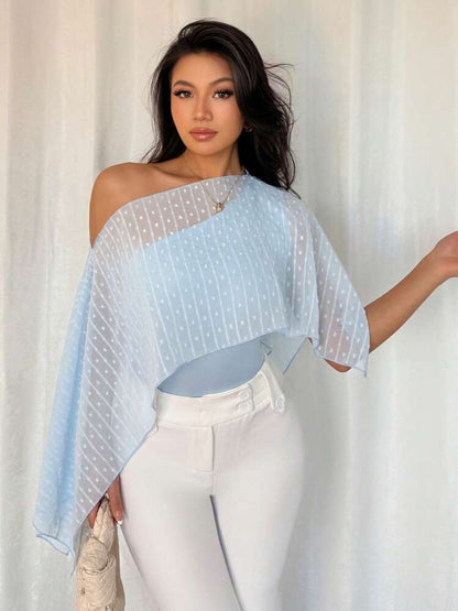 Raglan sleeve asymmetric collar blouse in blue