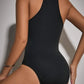 Rhinestone contrast mesh halter bodysuit in black