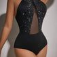 Rhinestone contrast mesh halter bodysuit in black