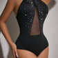 Rhinestone contrast mesh halter bodysuit in black