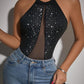 Rhinestone contrast mesh halter bodysuit in black