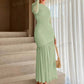 Round neck long sleeve pleated dress in mint green