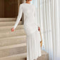 Round neck long sleeve pleated dress in white