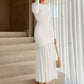 Round neck long sleeve pleated dress in white
