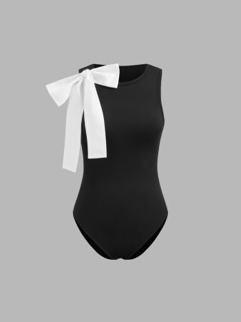 Round neck solid bowknot bodysuit in black