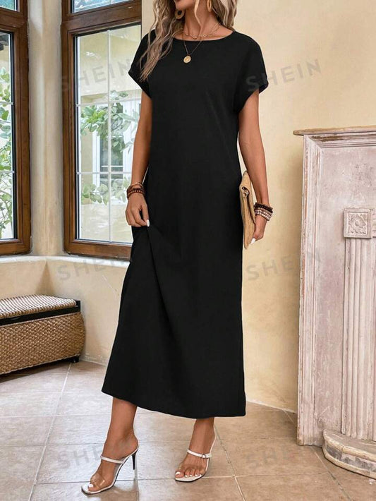 Round neck solid color short sleeve maxi dress in black