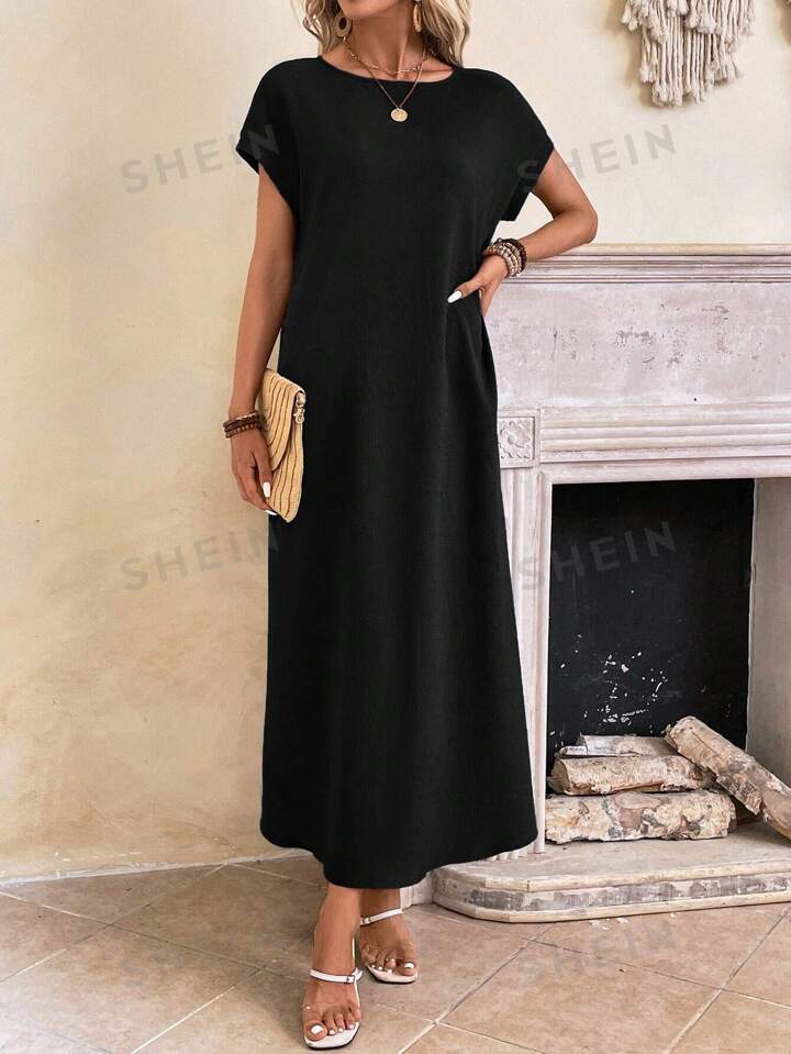 Round neck solid color short sleeve maxi dress in black