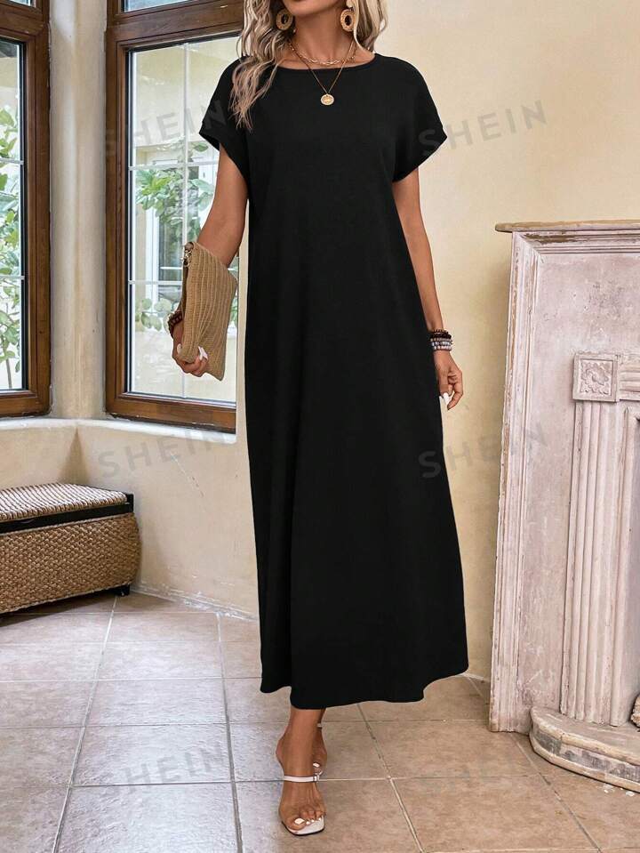 Round neck solid color short sleeve maxi dress in black