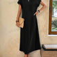 Round neck solid color short sleeve maxi dress in black