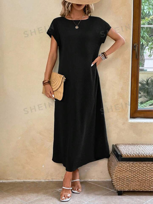 Round neck solid color short sleeve maxi dress in black