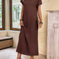 Round neck solid color short sleeve maxi dress in brown