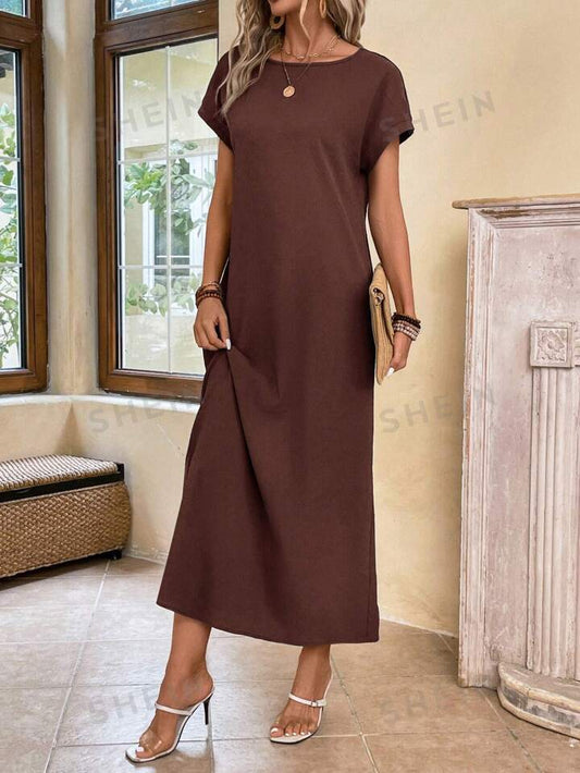 Round neck solid color short sleeve maxi dress in brown