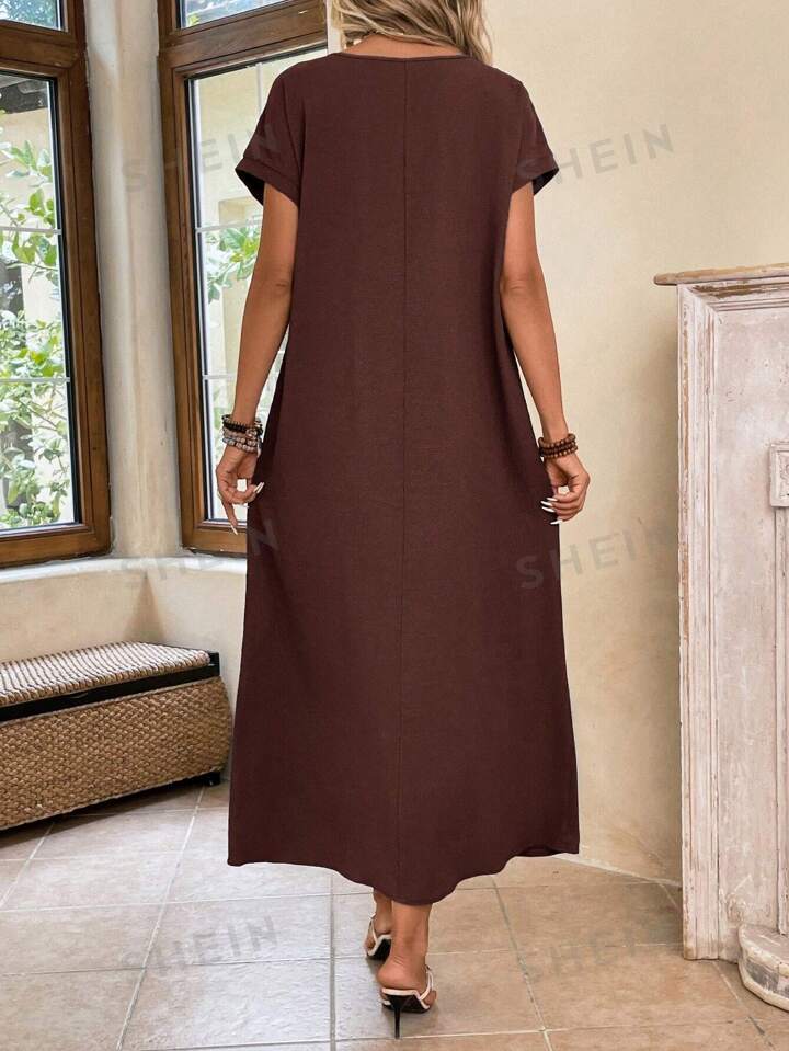 Round neck solid color short sleeve maxi dress in brown