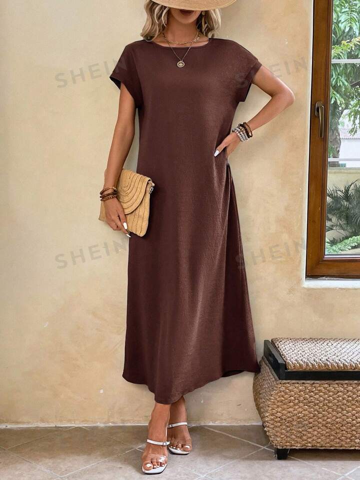 Round neck solid color short sleeve maxi dress in brown