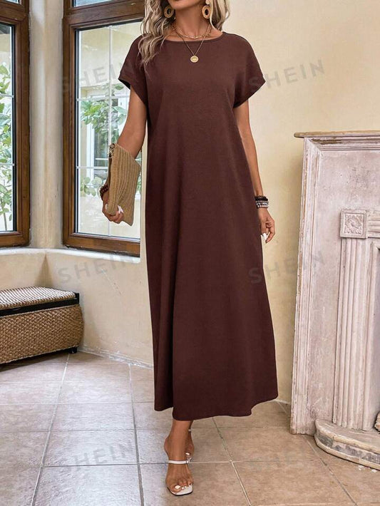 Round neck solid color short sleeve maxi dress in brown