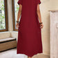Round neck solid color short sleeve maxi dress in burgundy