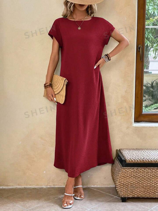 Round neck solid color short sleeve maxi dress in burgundy