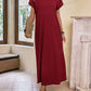 Round neck solid color short sleeve maxi dress in burgundy
