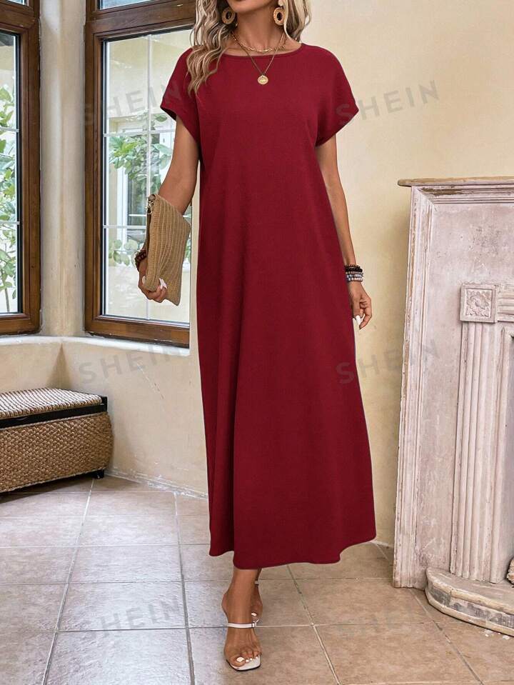Round neck solid color short sleeve maxi dress in burgundy