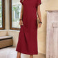 Round neck solid color short sleeve maxi dress in burgundy