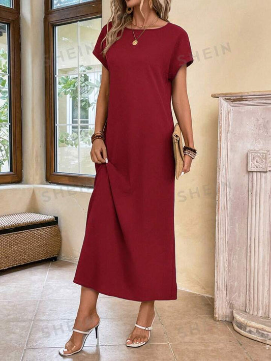 Round neck solid color short sleeve maxi dress in burgundy