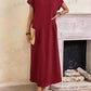 Round neck solid color short sleeve maxi dress in burgundy