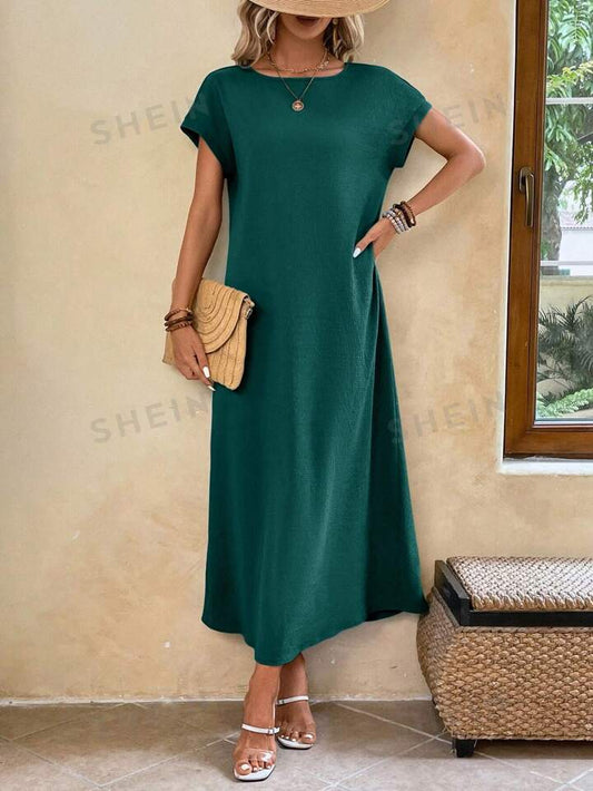 Round neck solid color short sleeve maxi dress in green