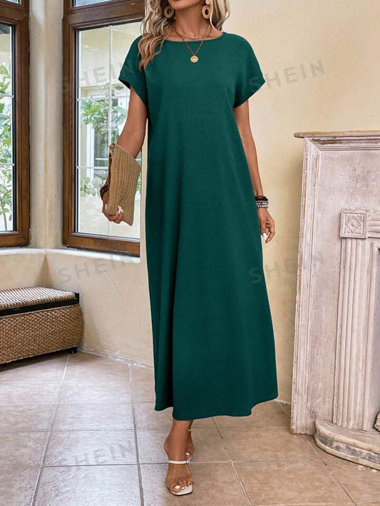 Round neck solid color short sleeve maxi dress in green