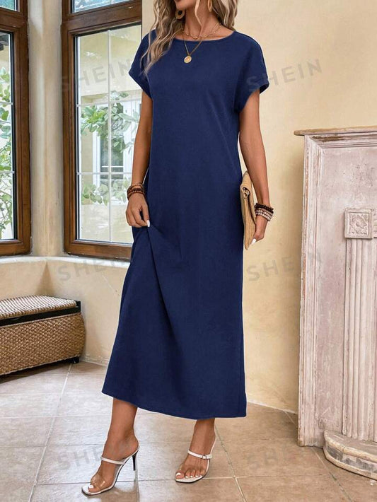 Round neck solid color short sleeve maxi dress in navy blue