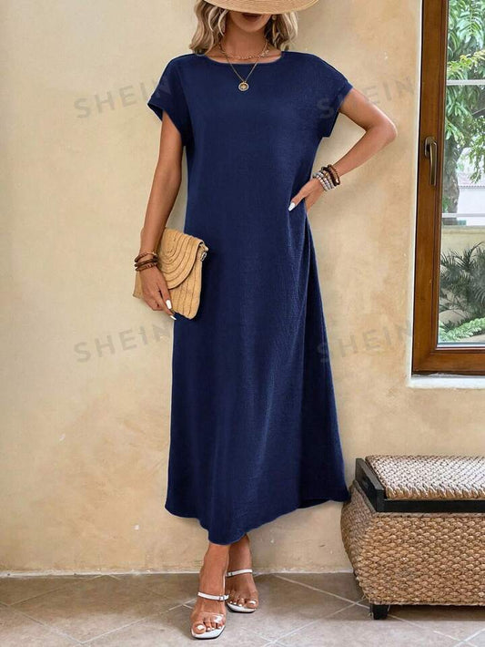 Round neck solid color short sleeve maxi dress in navy blue