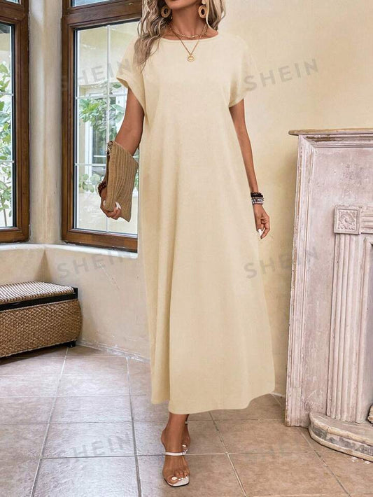 Round neck solid color short sleeve maxi dress in nude