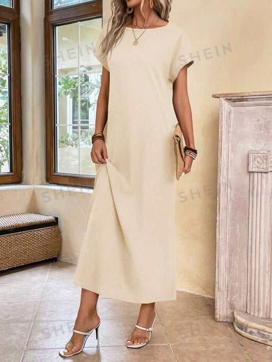 Round neck solid color short sleeve maxi dress in nude