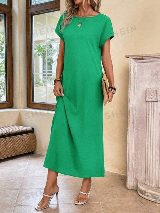 Round neck solid color short sleeve maxi dress in olive