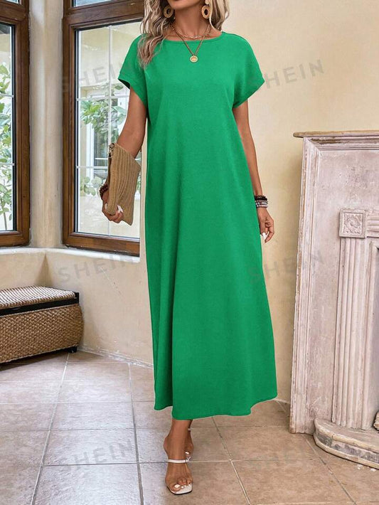 Round neck solid color short sleeve maxi dress in olive