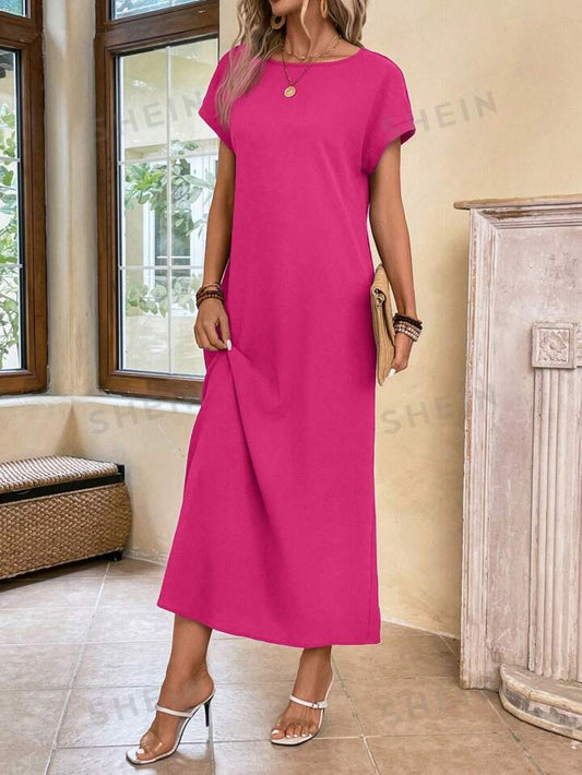 Round neck solid color short sleeve maxi dress in pink