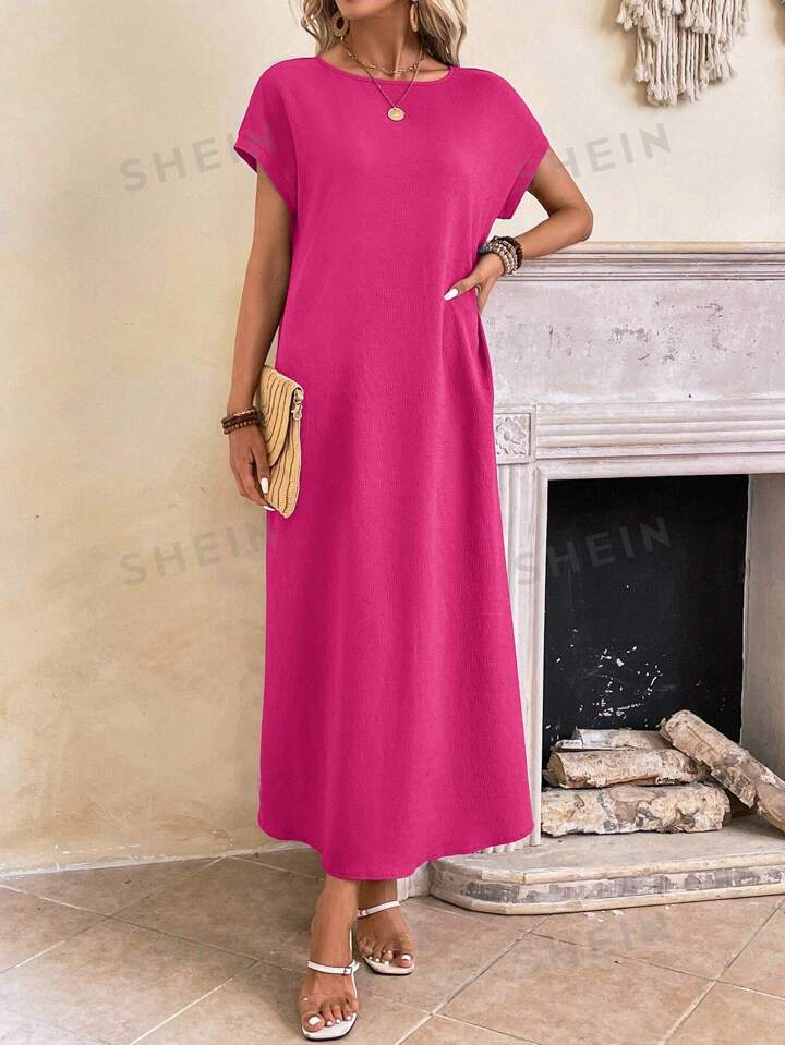 Round neck solid color short sleeve maxi dress in pink