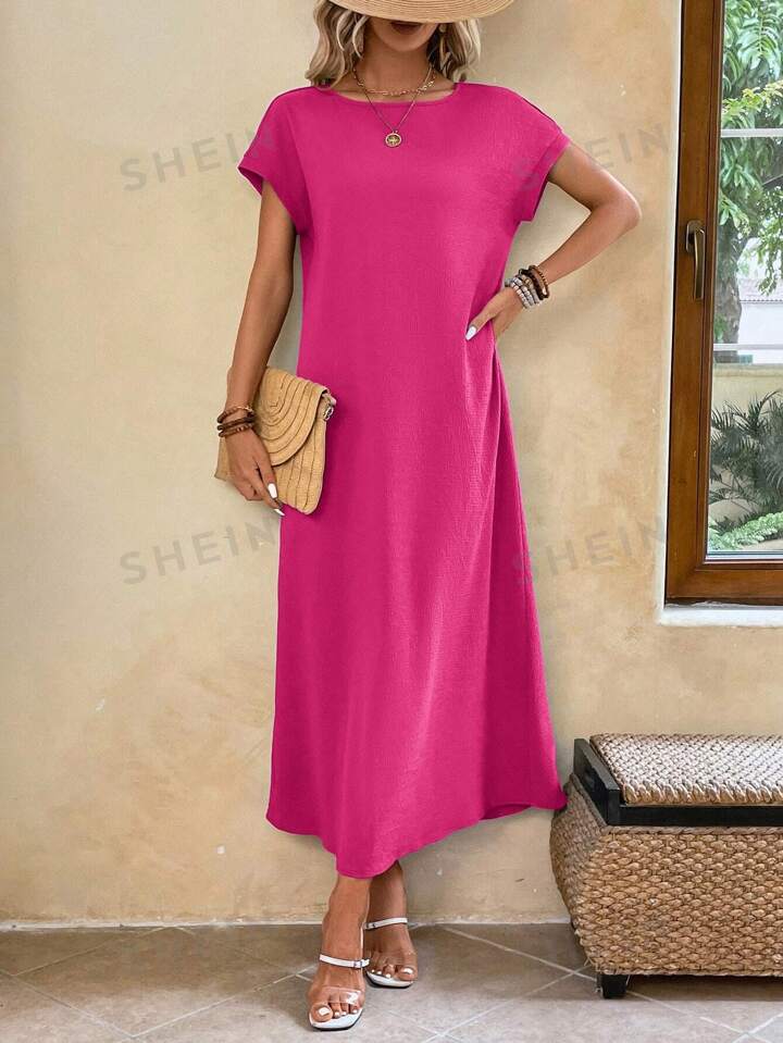 Round neck solid color short sleeve maxi dress in pink