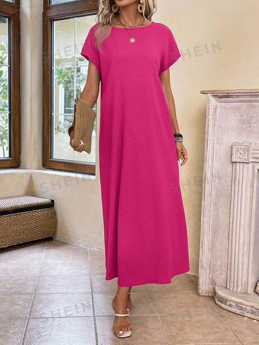 Round neck solid color short sleeve maxi dress in pink