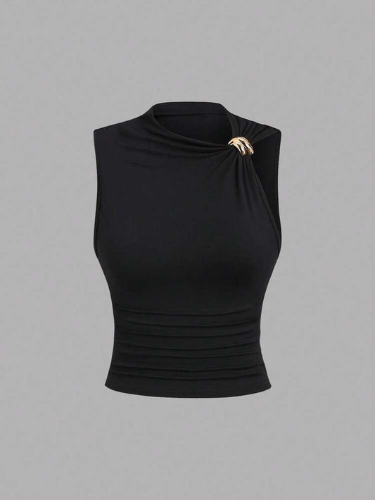 Ruched gold decor top in black