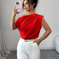 Ruched asymmetric neck blouse in red