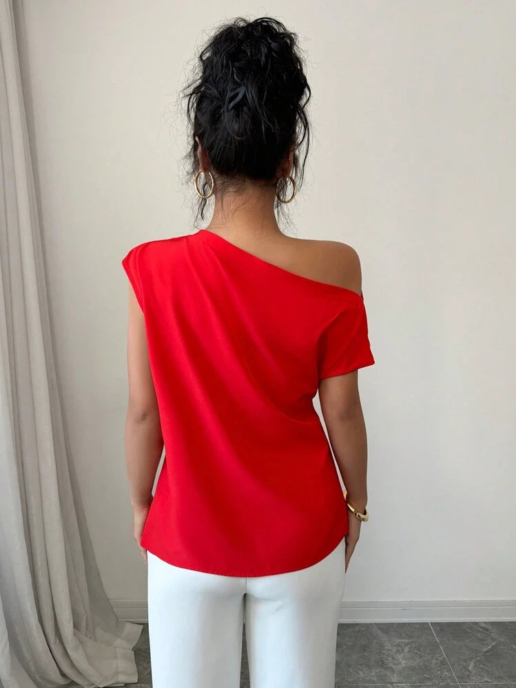 Ruched asymmetric neck blouse in red